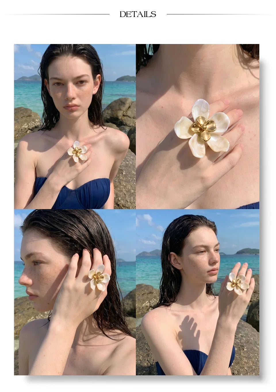 Resin flower ring in 18K gold-plated stainless steel with resin.