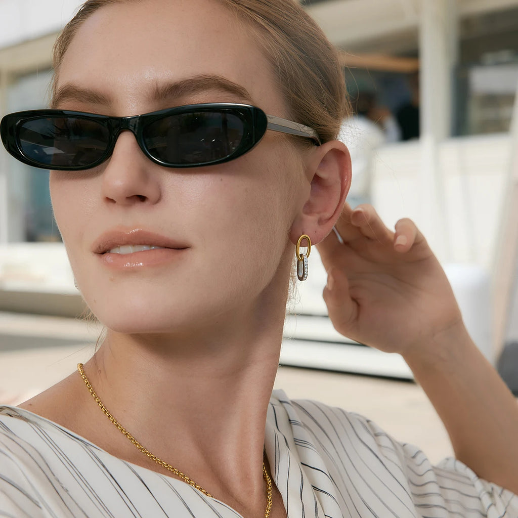 Two-Tone CZ Link Drop Earrings — Stainless Steel · PS126