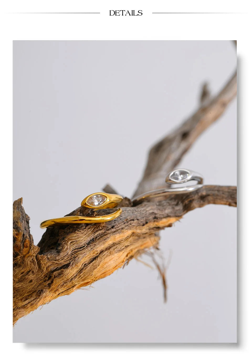 Cubic zirconia snake geometric ring in 18K gold-plated stainless steel with cubic zirconia.
