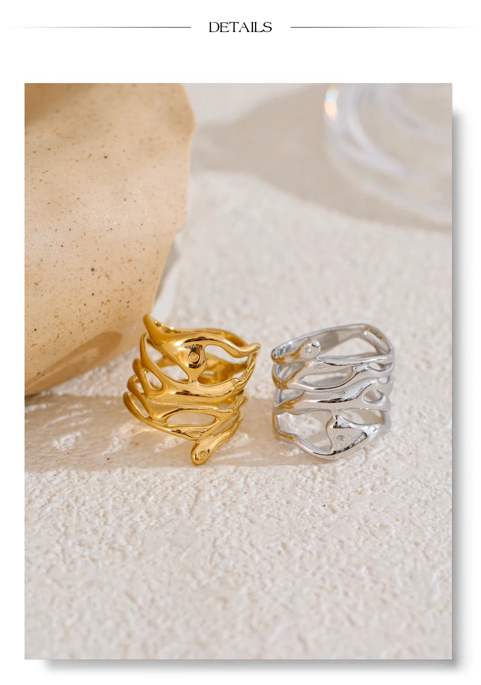 Geometric layered ring in gold-plated 316L stainless steel.