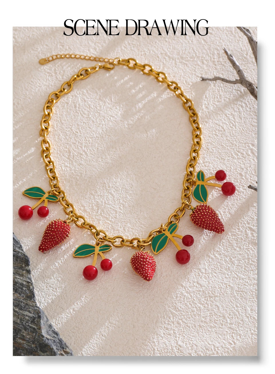 Red acrylic enamel necklace in gold-plated stainless steel with acrylic and enamel.