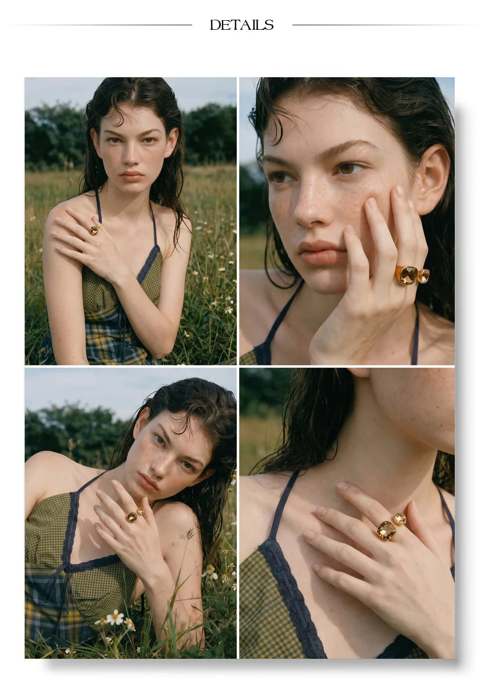 Cubic zirconia geometric ring in 18K gold-plated stainless steel with cubic zirconia.