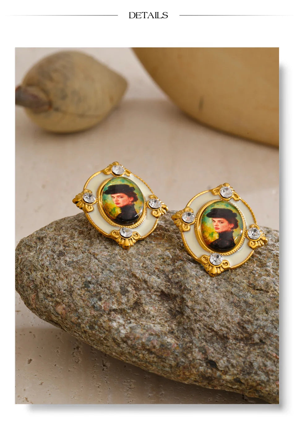 Resin crystal geometric earrings in gold-plated stainless steel with resin and crystal.