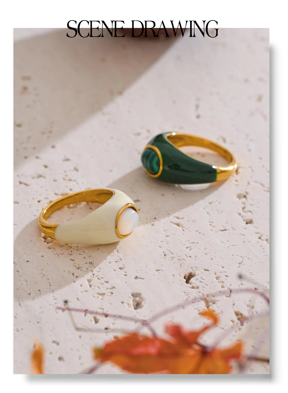 White shell enamel ring in 18K gold-plated stainless steel with natural stone and shell.