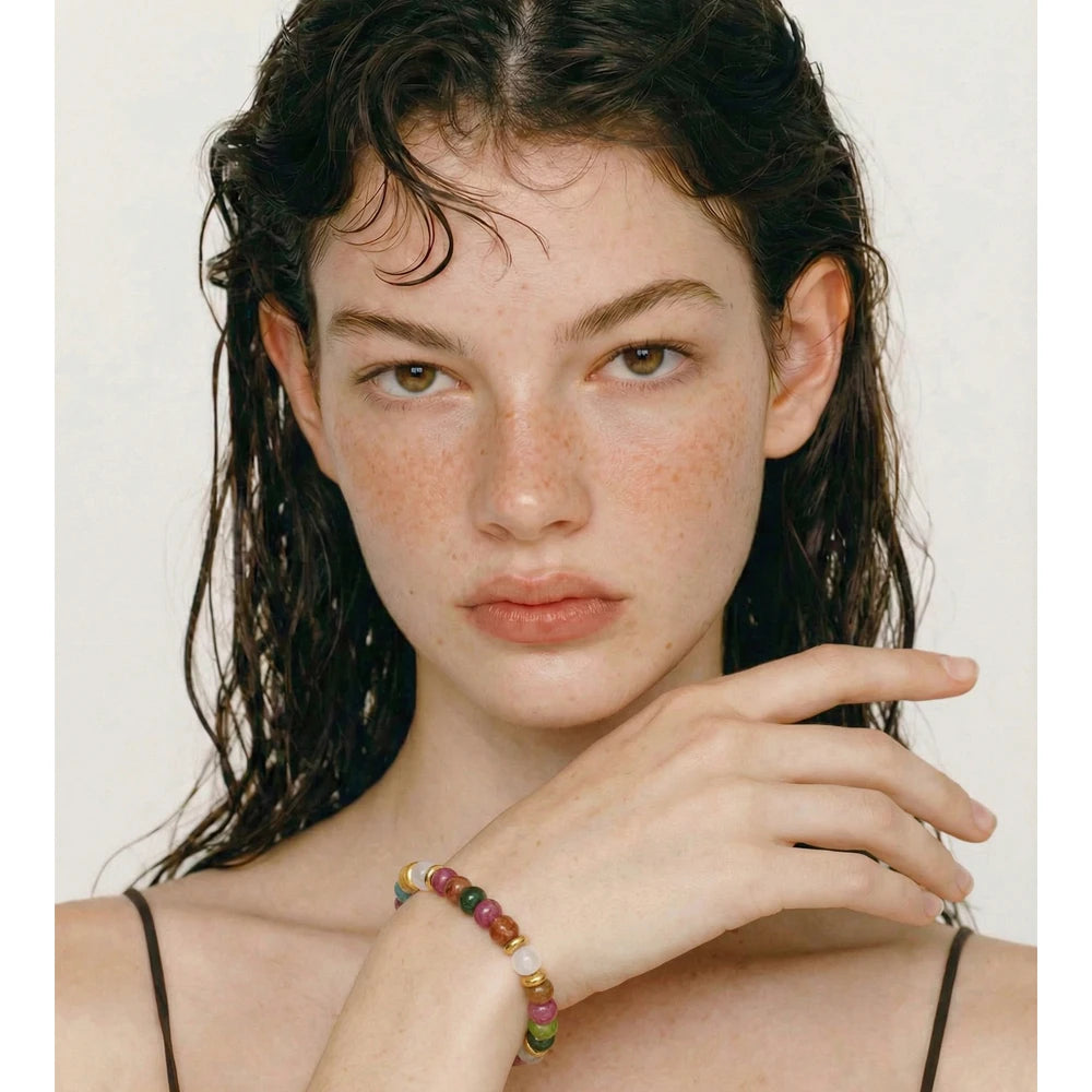 Natural Stone Beaded Geometric Bracelet — Gold-Plated Stainless Steel with Natural Stone · PS1579