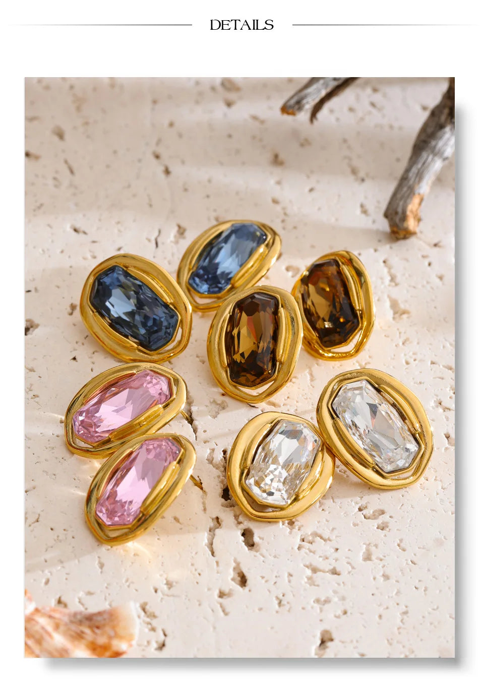 White cubic zirconia geometric earrings in gold-plated stainless steel with cubic zirconia.