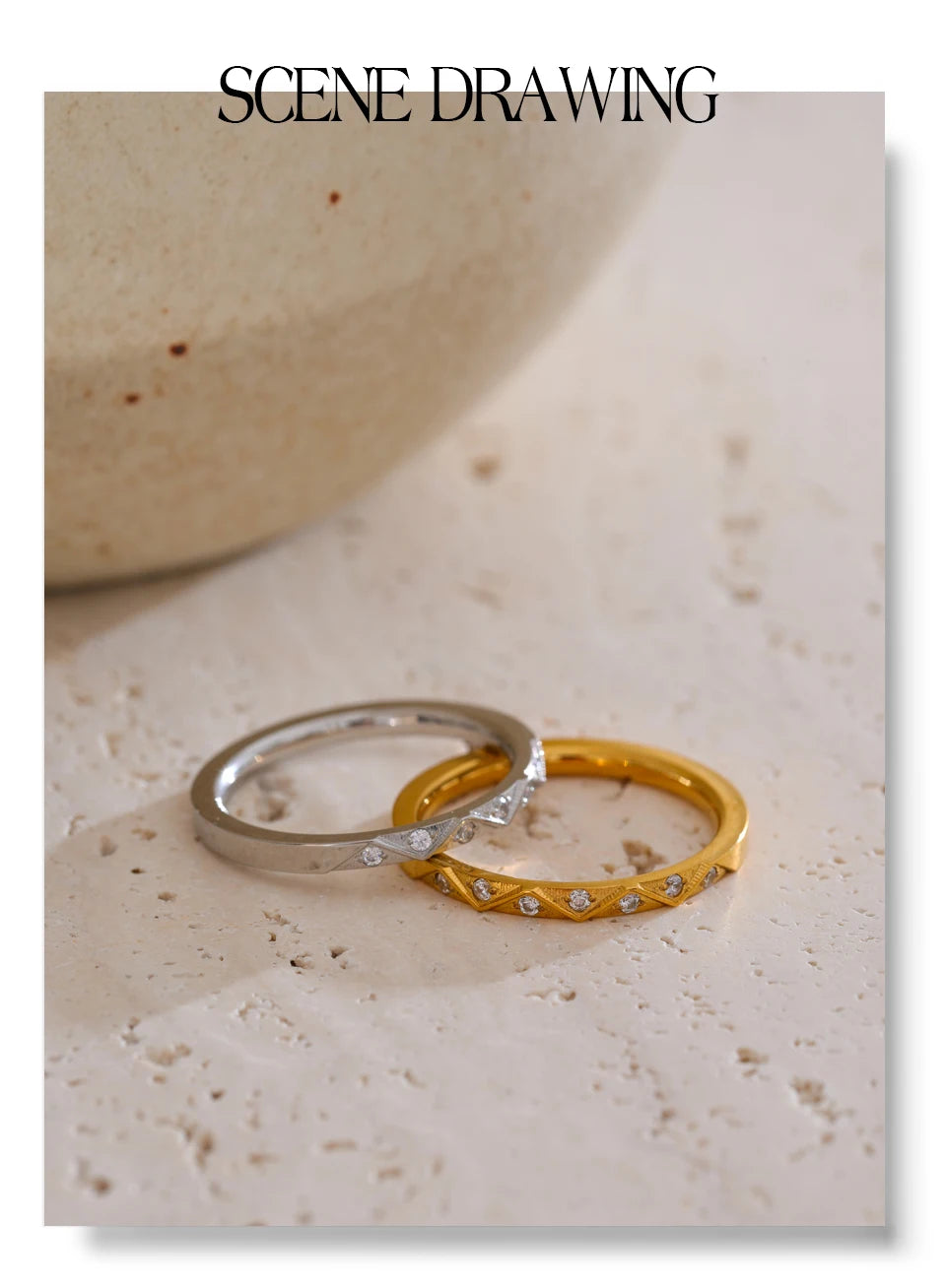 Cubic zirconia geometric ring in gold-plated stainless steel with cubic zirconia.