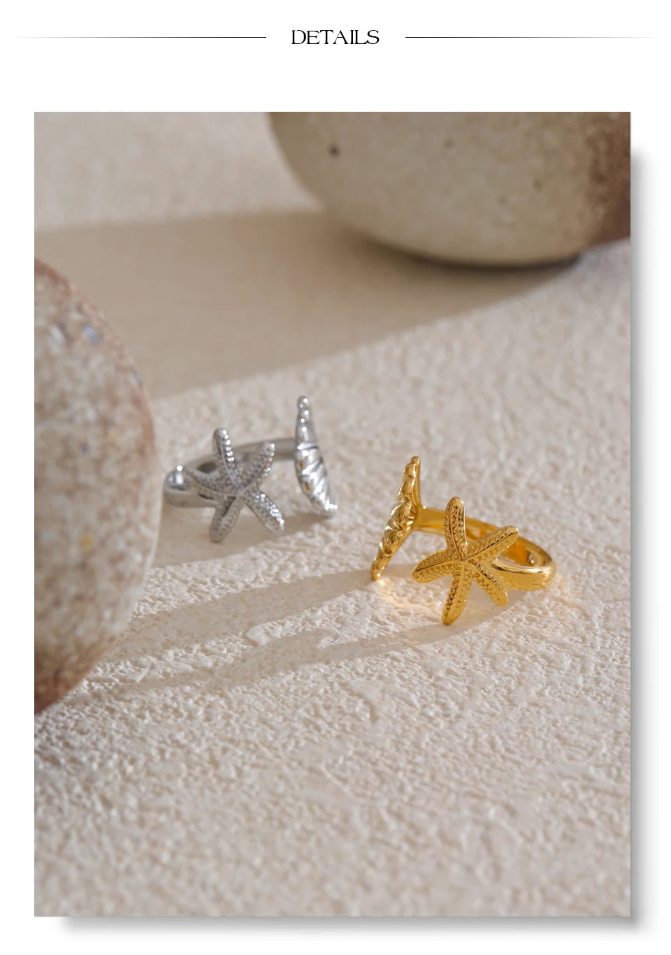 Shell star geometric ring in gold-plated stainless steel with shell.