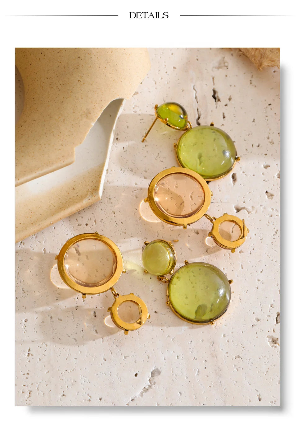 Green resin acrylic earrings in gold-plated stainless steel with resin and acrylic.
