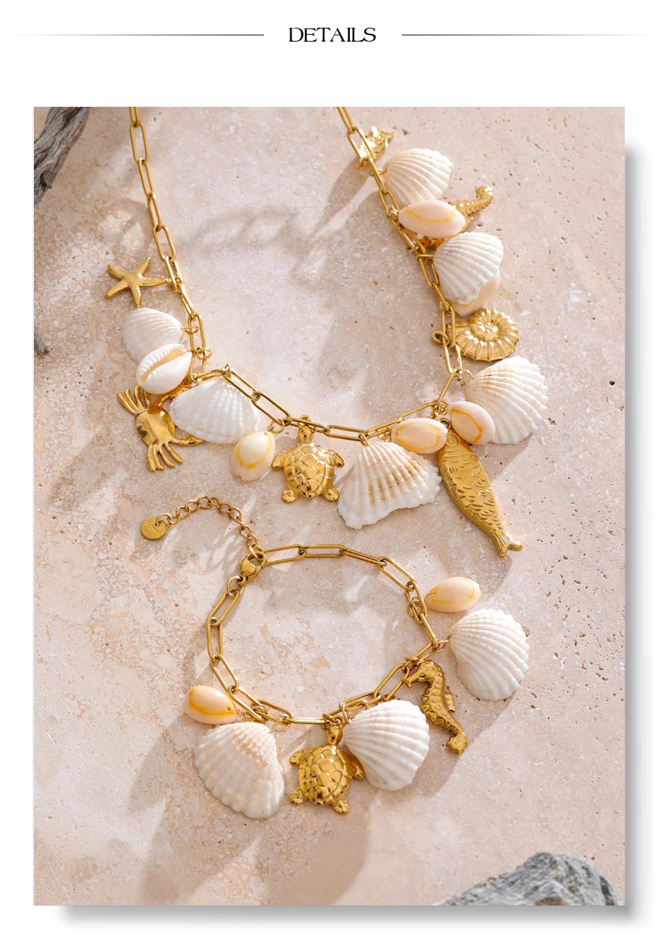 Shell geometric necklace in gold-plated stainless steel with shell.