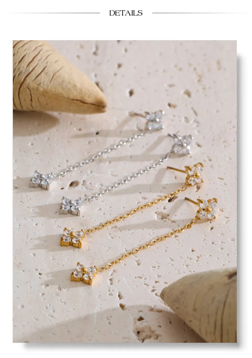 Cubic Zirconia Flower Chain Earrings — Gold-Plated Stainless Steel with Cubic Zirconia · PS1290