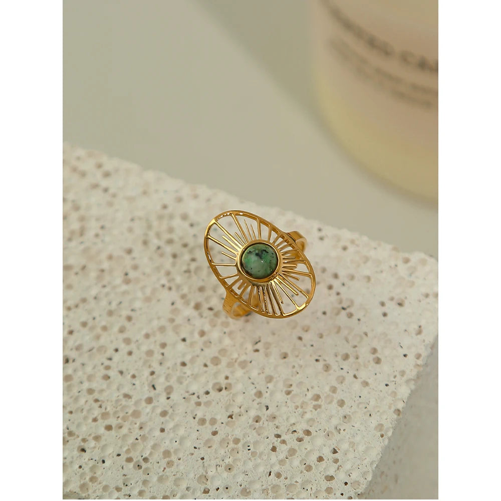 Sun Natural Stone Hollow Ring — 316L Stainless Steel · PS443