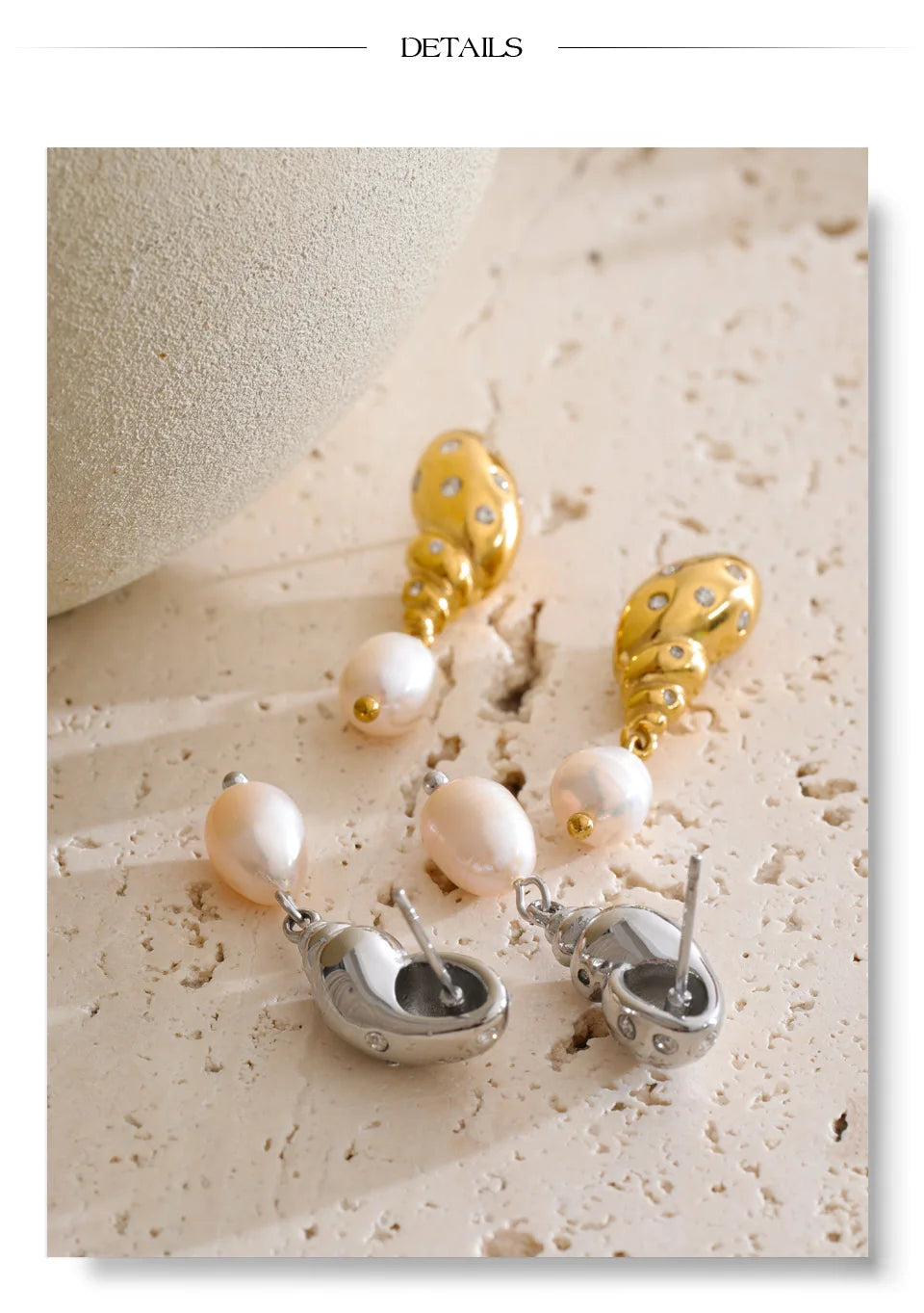 Cubic zirconia freshwater pearl geometric earrings in gold-plated stainless steel with freshwater pearl and cubic zirconia.