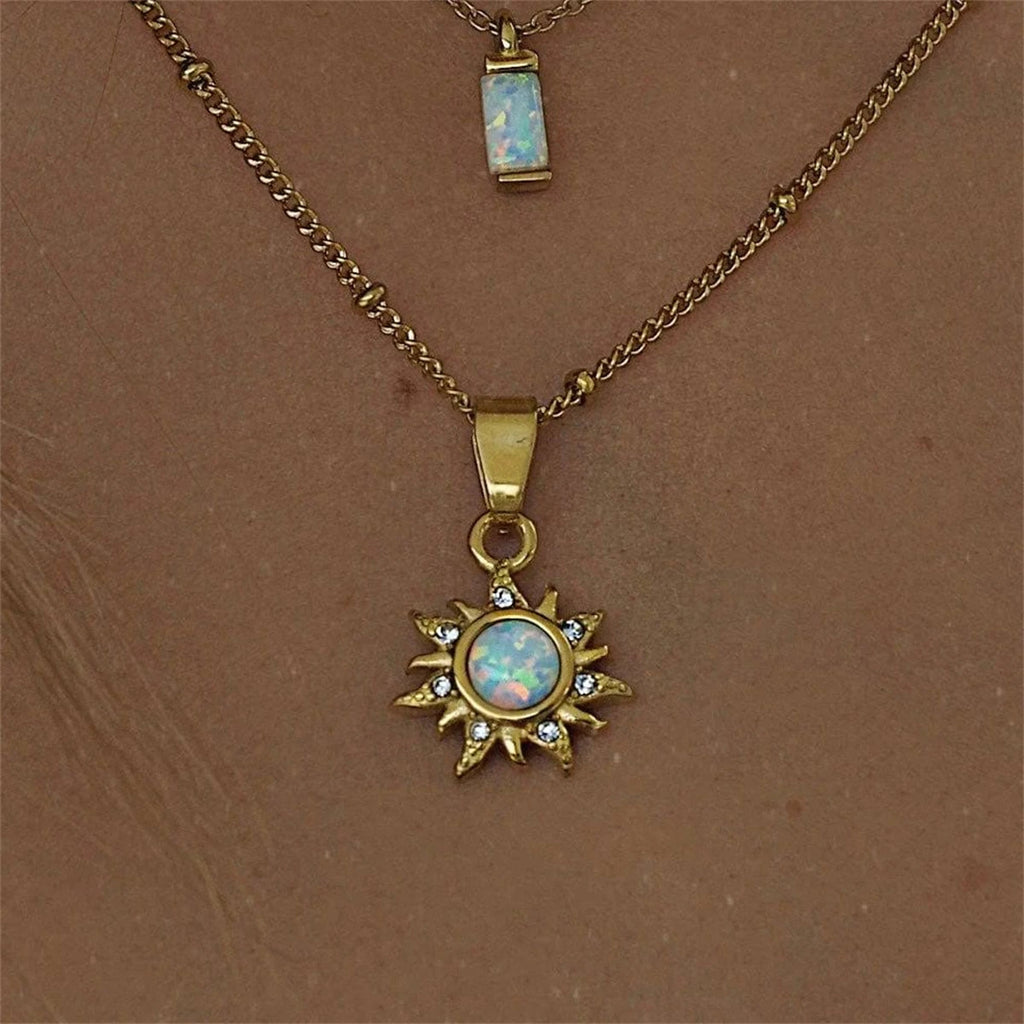 Natural Opal Abstract Sun Pendant Necklace Art Retro Collar Chain Stainless Steel Electroplated True Gold Color Protection