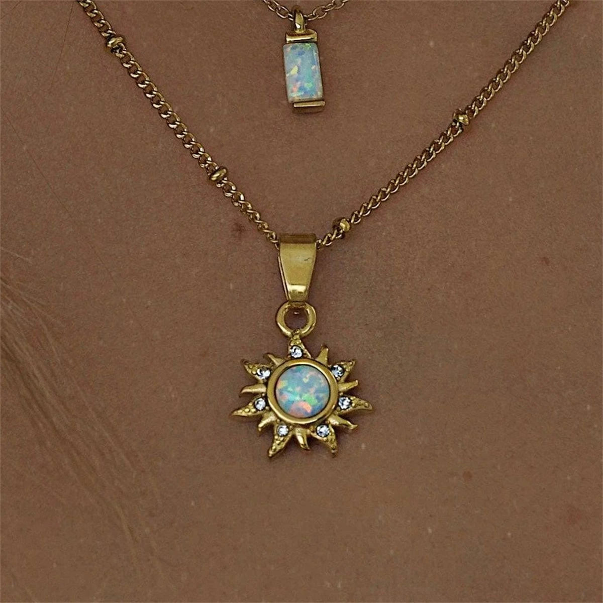 Natural Opal Abstract Sun Pendant Necklace Art Retro Collar Chain Stainless Steel Electroplated True Gold Color Protection