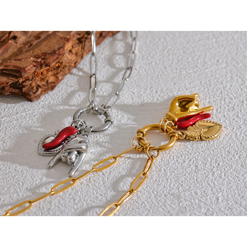 Red heart geometric necklace in gold-plated 316L stainless steel.