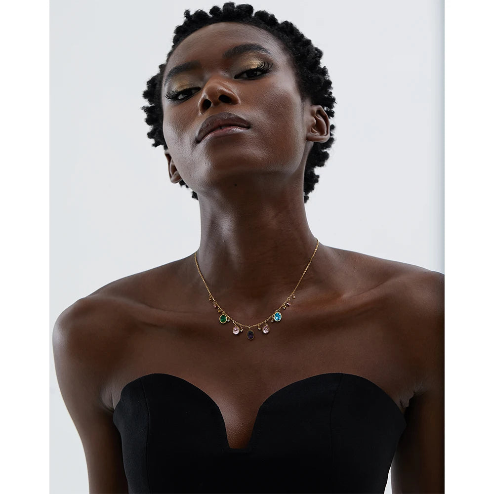 Cubic zirconia multi-color geometric necklace in gold-plated stainless steel with cubic zirconia.