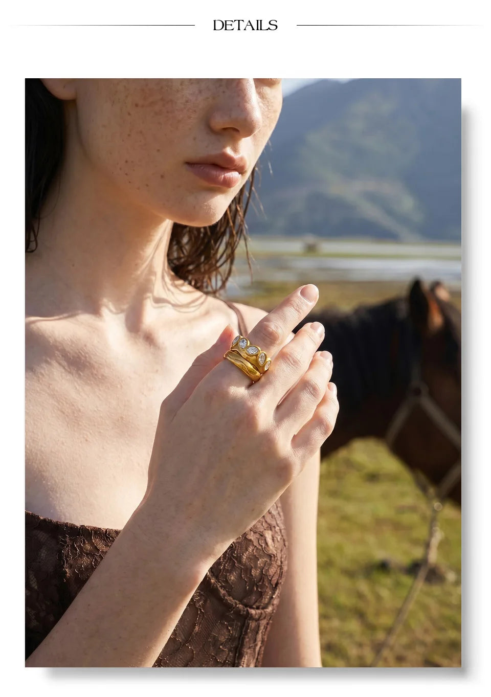 Cubic zirconia geometric ring in 18K gold-plated stainless steel with cubic zirconia.