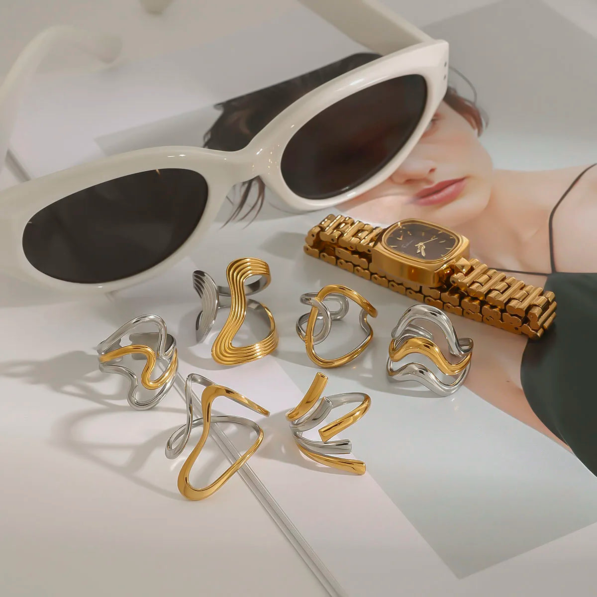 Wavy Statement Ring Stack — Stainless Steel · PS256