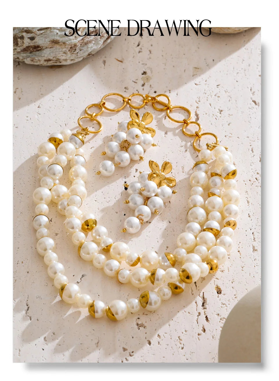 Pearl beaded geometric earrings in gold-plated stainless steel with pearl.