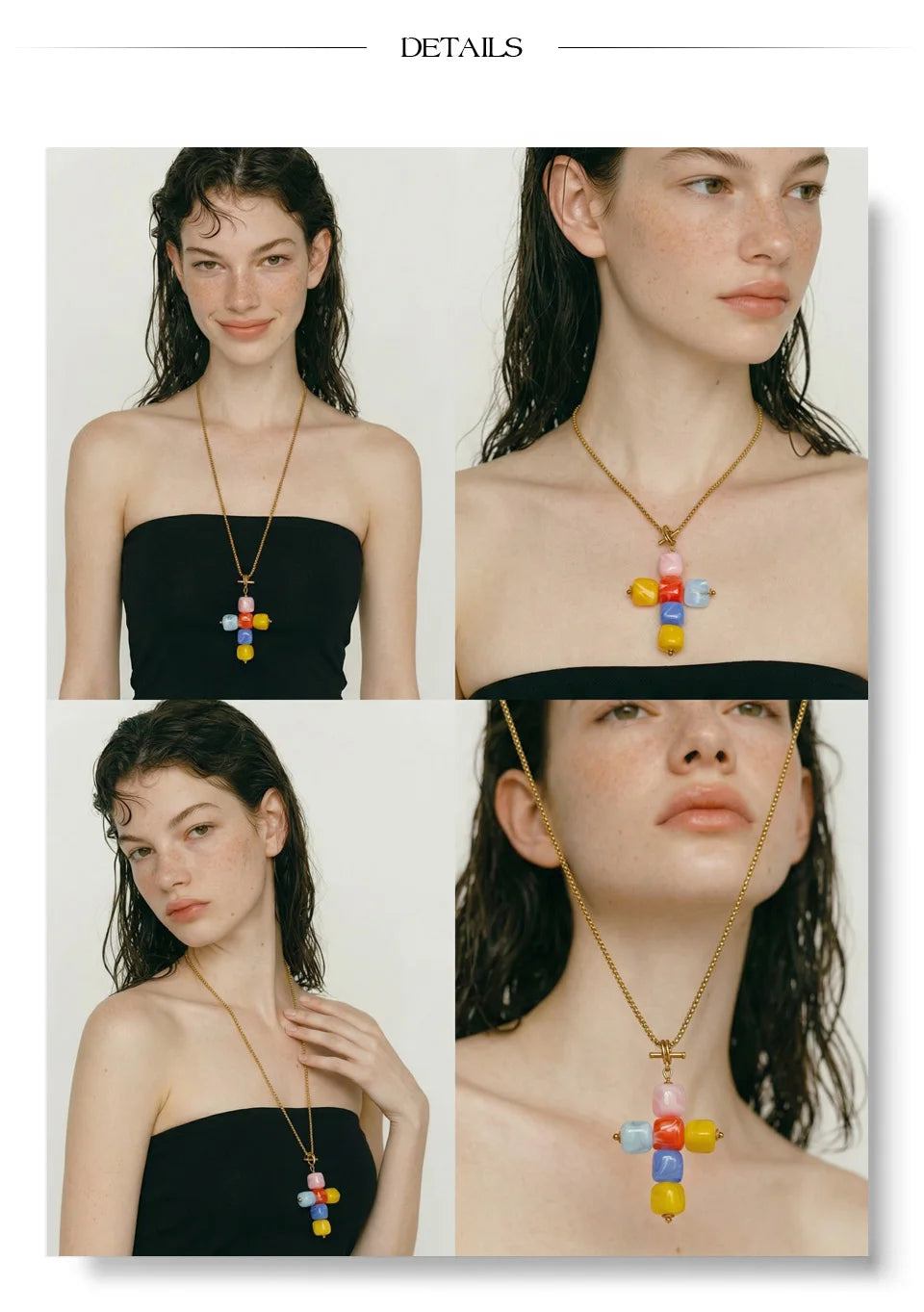 Resin acrylic cross necklace in gold-plated stainless steel with resin and acrylic.