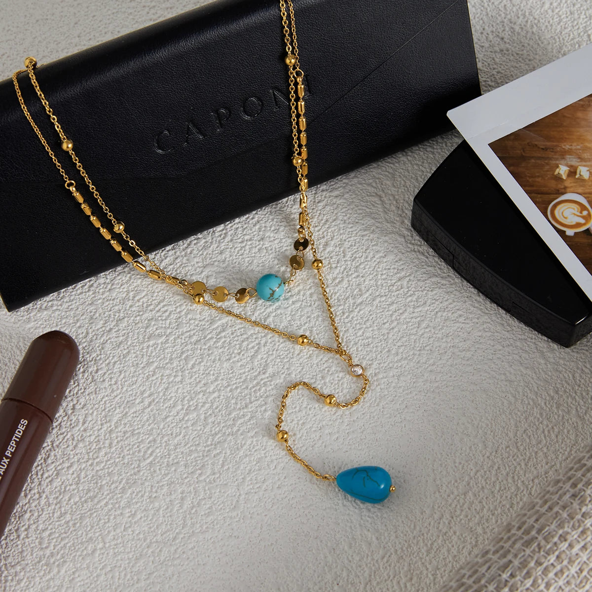 Turquoise CZ Layered Necklace — Stainless Steel · PS351