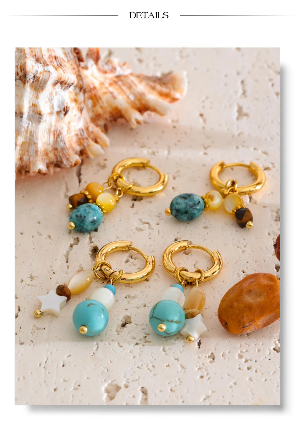 Natural stone star geometric earrings in gold-plated stainless steel with natural stone.