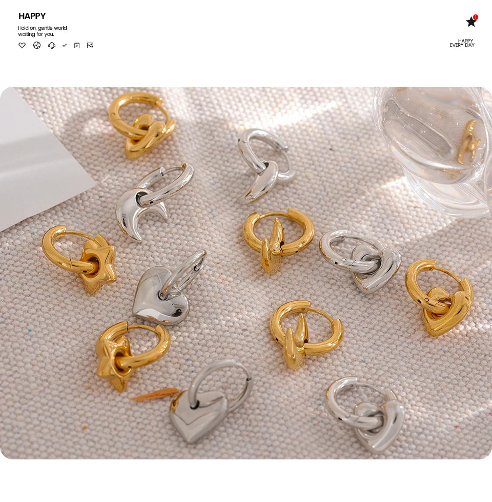 Heart star moon earrings in gold-plated stainless steel.