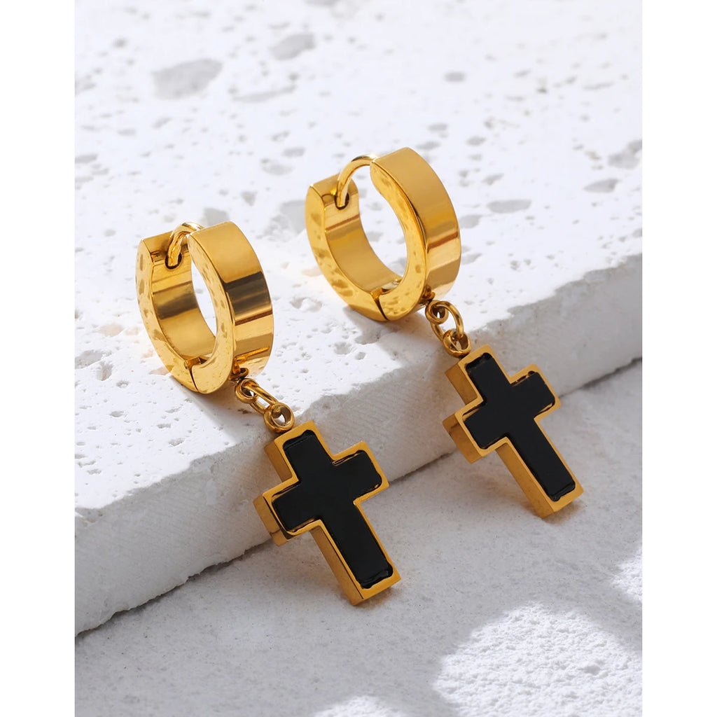 Cross Huggie Earrings Black Acrylic Charm — 316L Stainless Steel · PS456