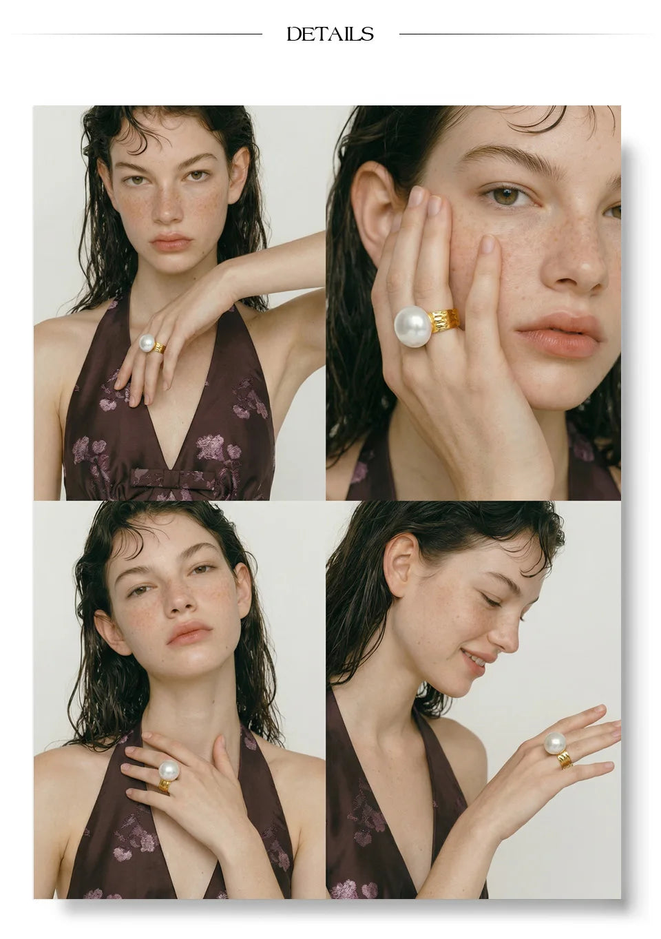 Pearl shell geometric ring in 18K gold-plated stainless steel with pearl and shell.