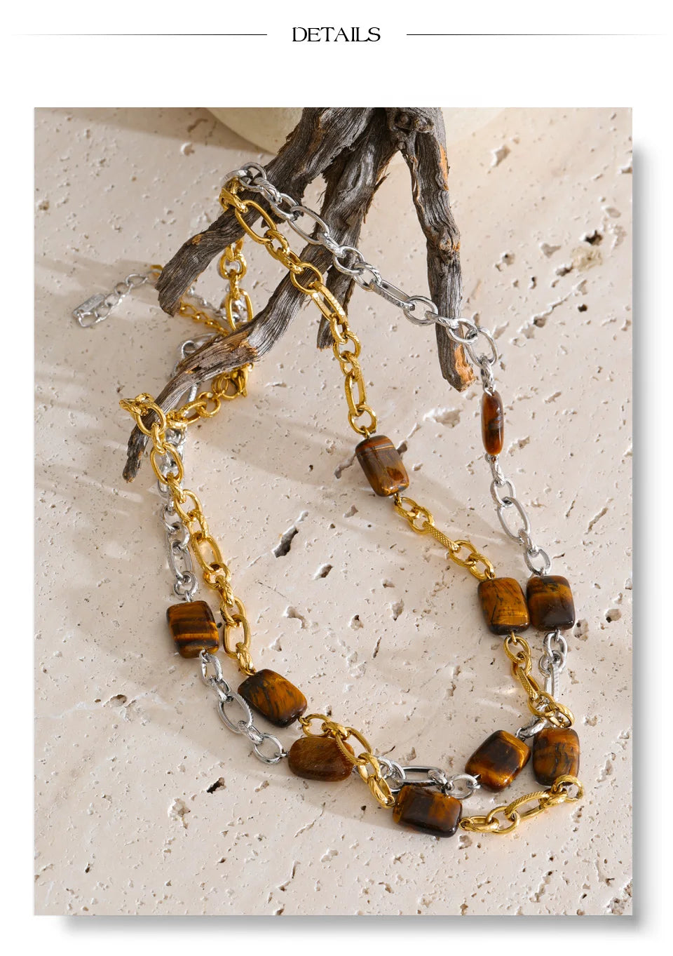 Natural stone geometric chain necklace in gold-plated stainless steel with natural stone.