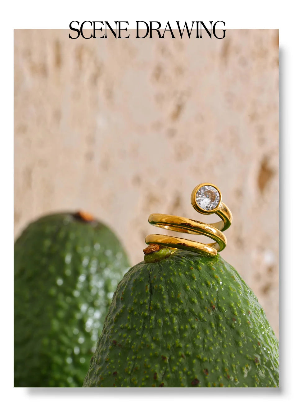 Cubic zirconia geometric layered ring in 18K gold-plated stainless steel with cubic zirconia.