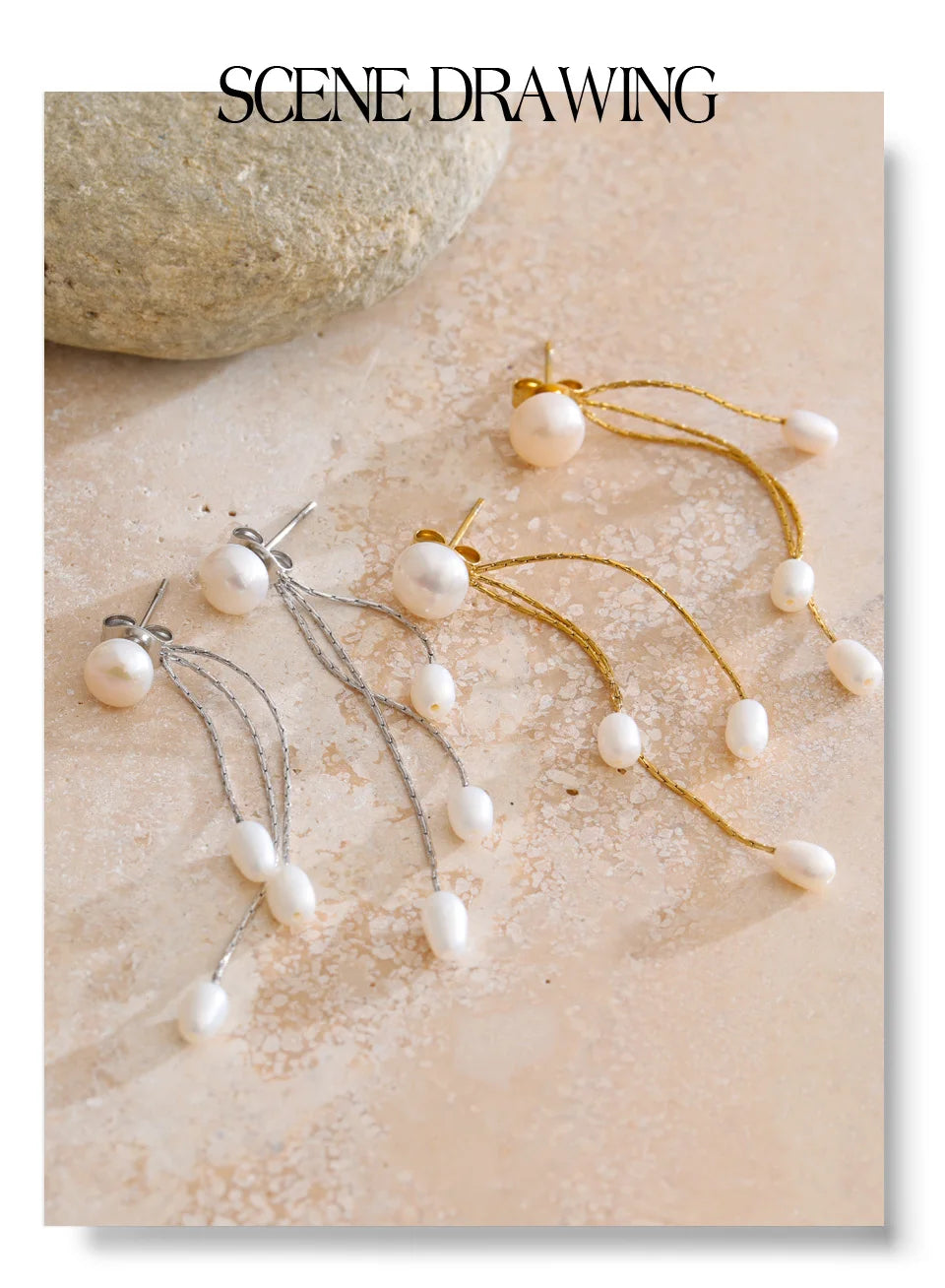 Freshwater pearl geometric chain earrings in gold-plated stainless steel with freshwater pearl.