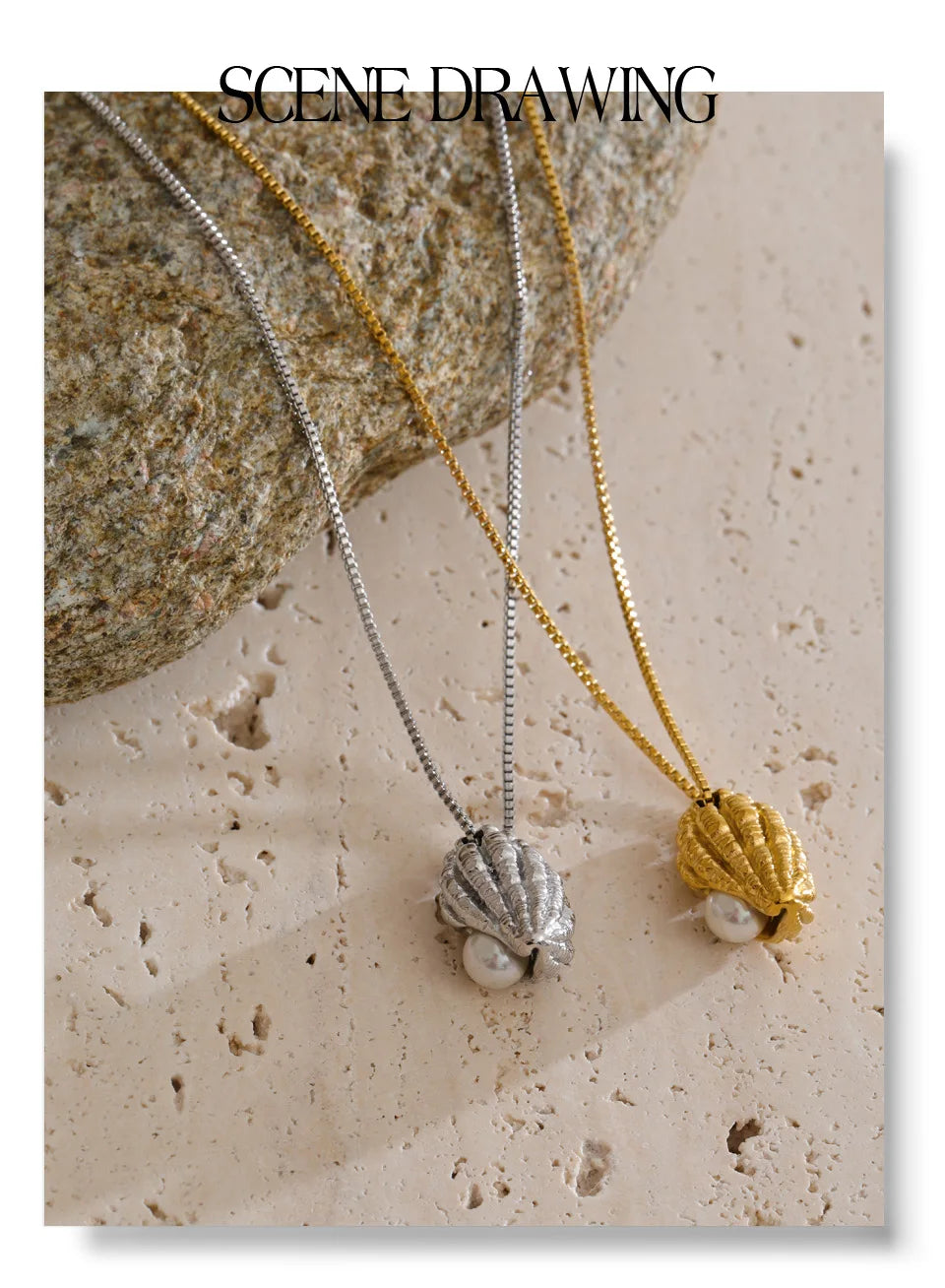 Pearl shell geometric necklace in gold-plated stainless steel with pearl and shell.