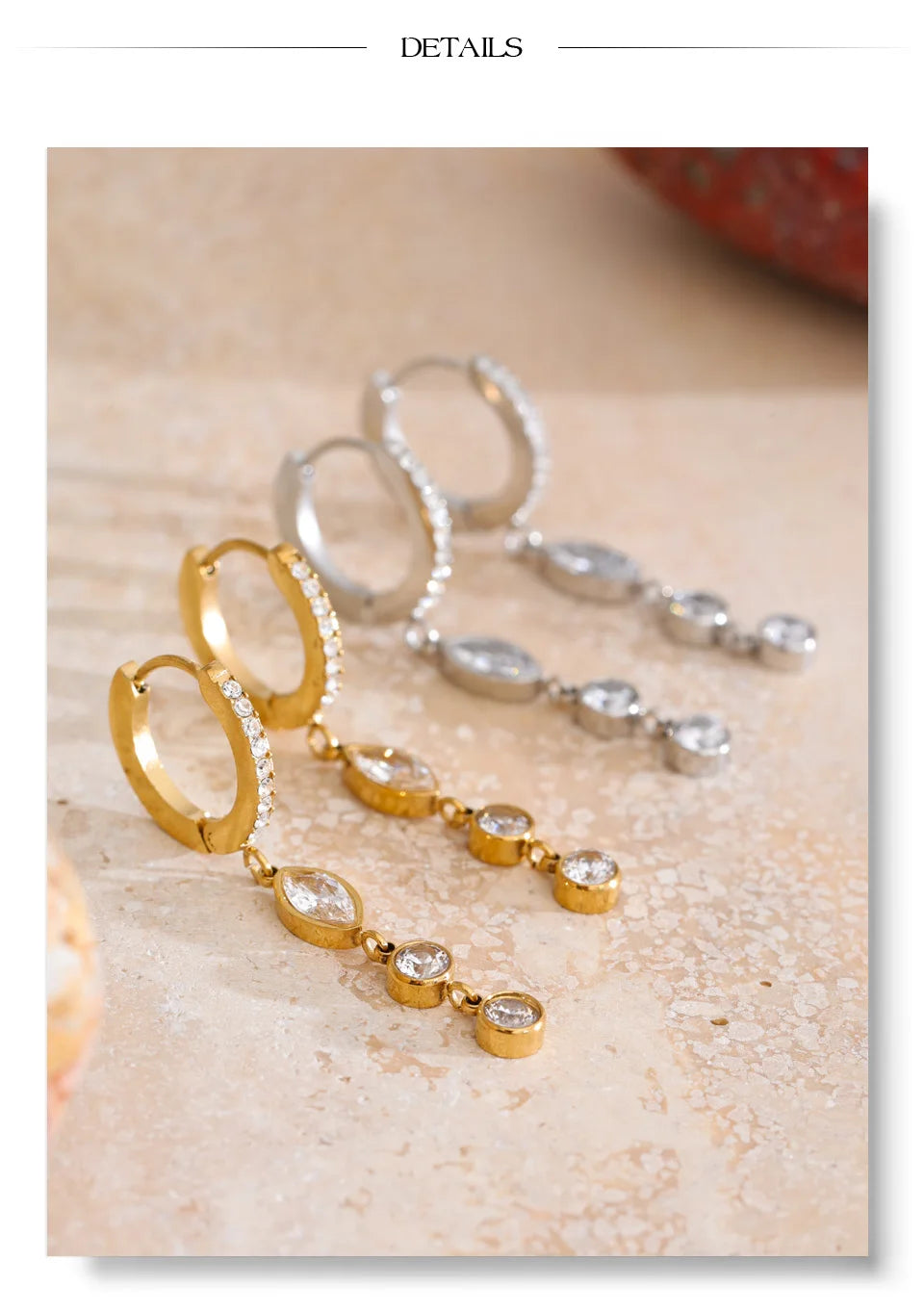 Cubic zirconia geometric chain earrings in gold-plated stainless steel with cubic zirconia.