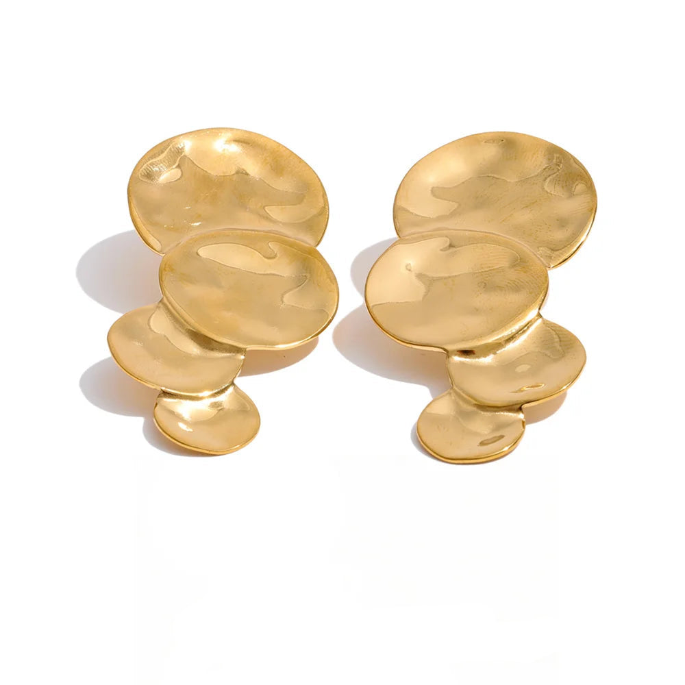 Gold-plated stainless steel earrings with a unique design featuring three distinct shapes.