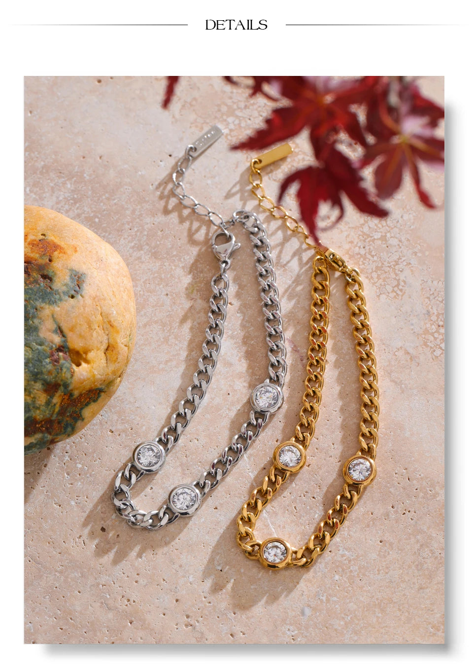 Cubic zirconia geometric chain necklace in gold-plated stainless steel with cubic zirconia.