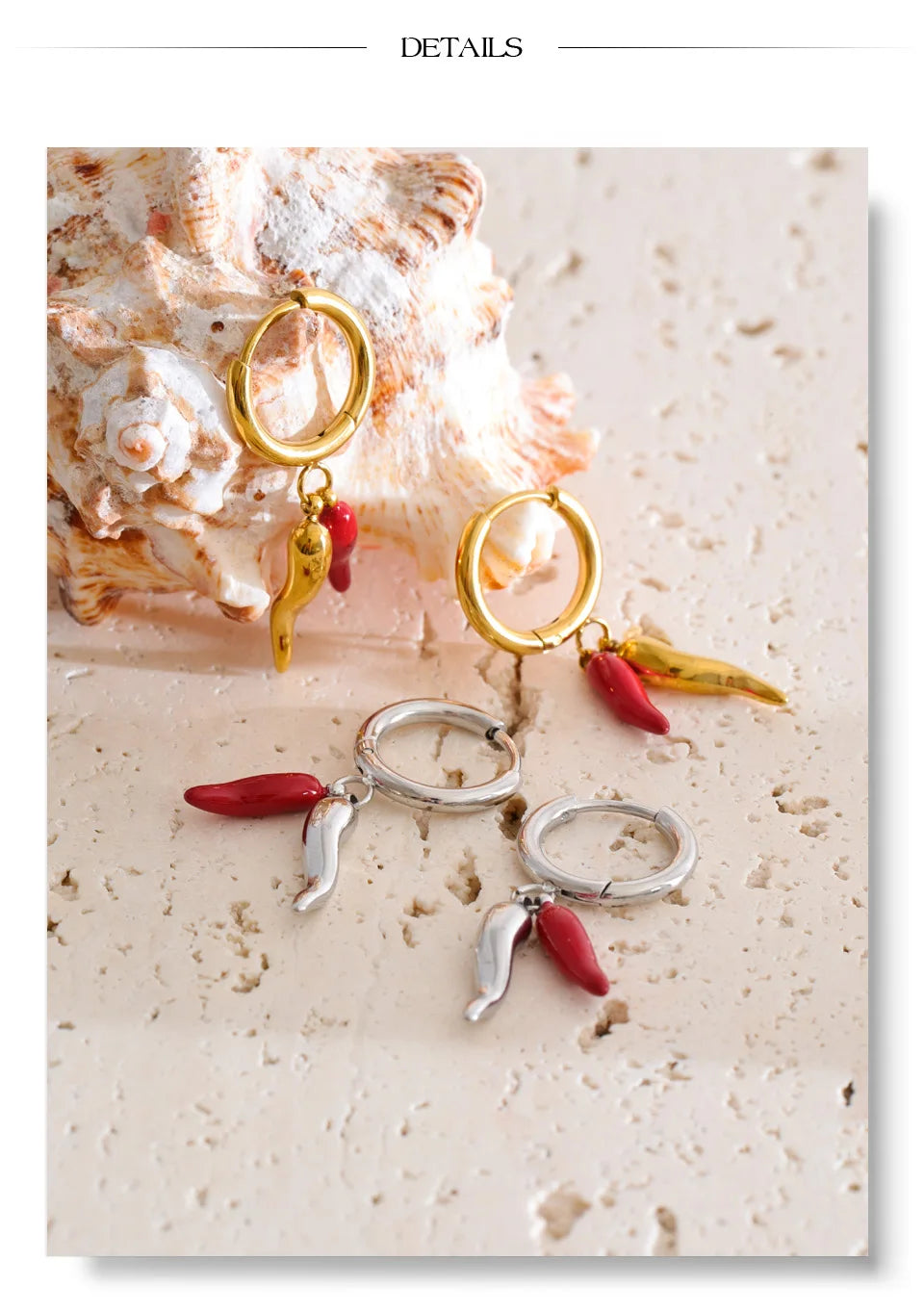 Red enamel geometric earrings in gold-plated stainless steel with enamel.