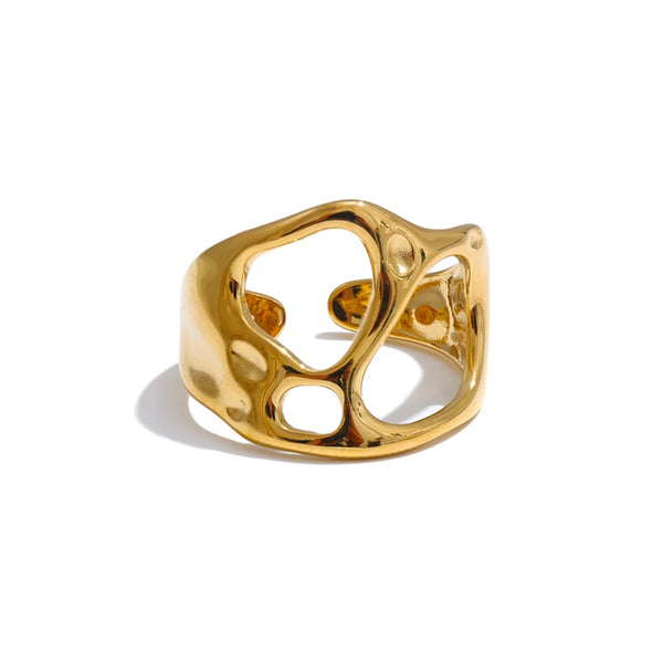 Gold-plated stainless steel ring with a unique design resembling a tree branch.