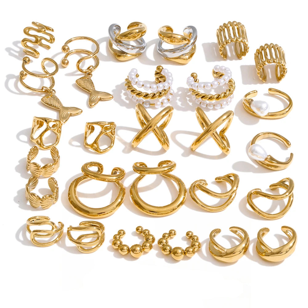 Gold-plated stainless steel earrings with a variety of designs including hoops, studs, and dangles.
