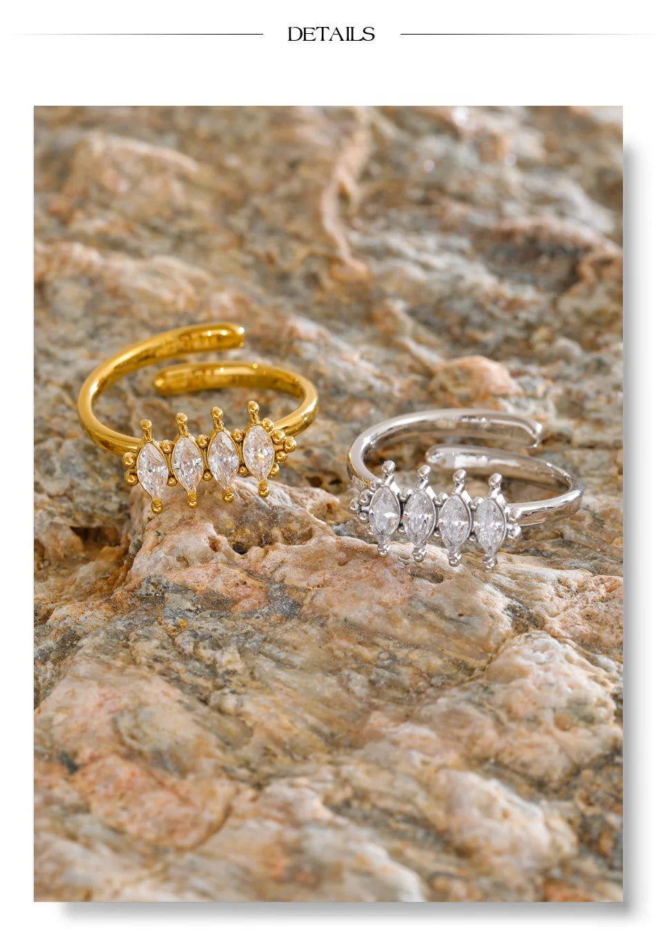 Cubic zirconia geometric ring in 18K gold-plated stainless steel with cubic zirconia.