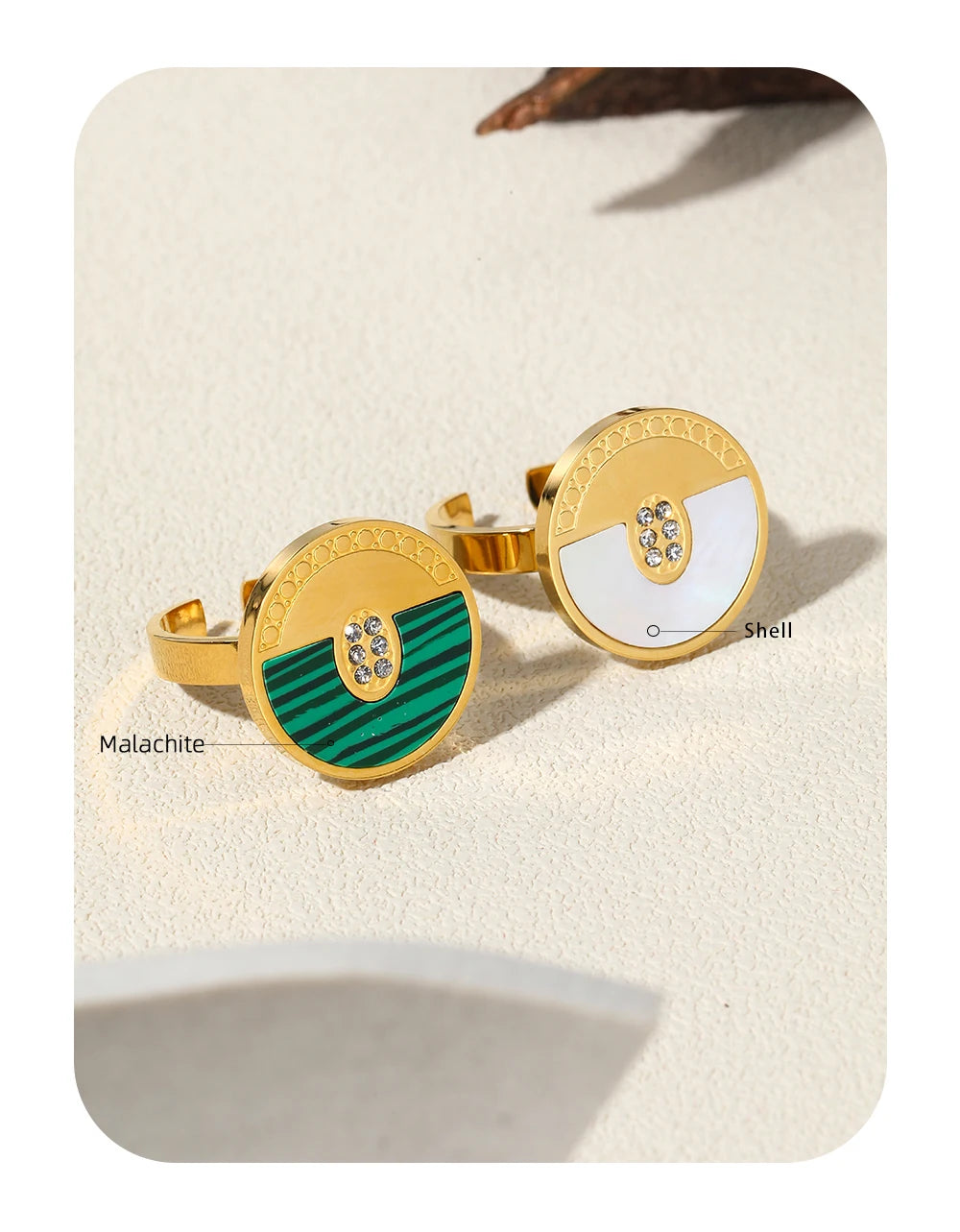 Geometric Ring Shell Malachite Zircon — 316L Stainless Steel · PS464