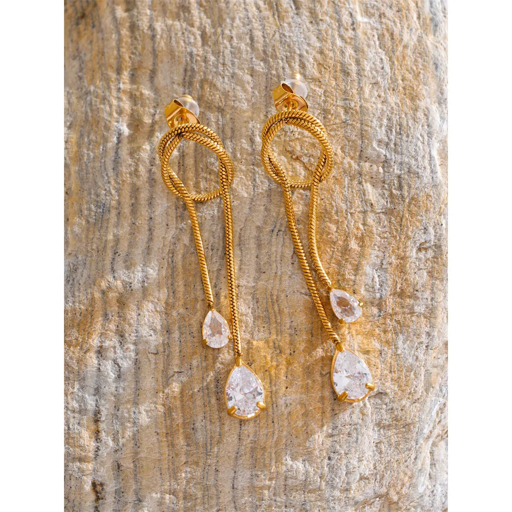 Cubic Zirconia Geometric Chain Earrings — Gold-Plated Stainless Steel with Cubic Zirconia · PS1608