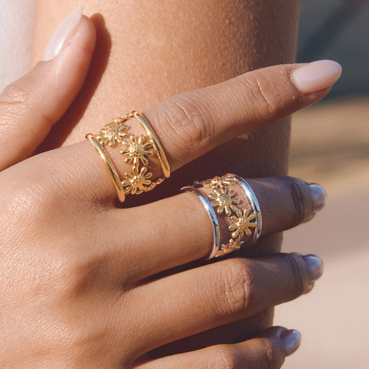 Floral Band Ring Stack — Stainless Steel · PS231
