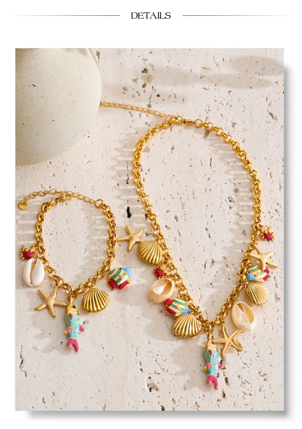 Shell enamel star necklace in gold-plated stainless steel with shell and enamel.