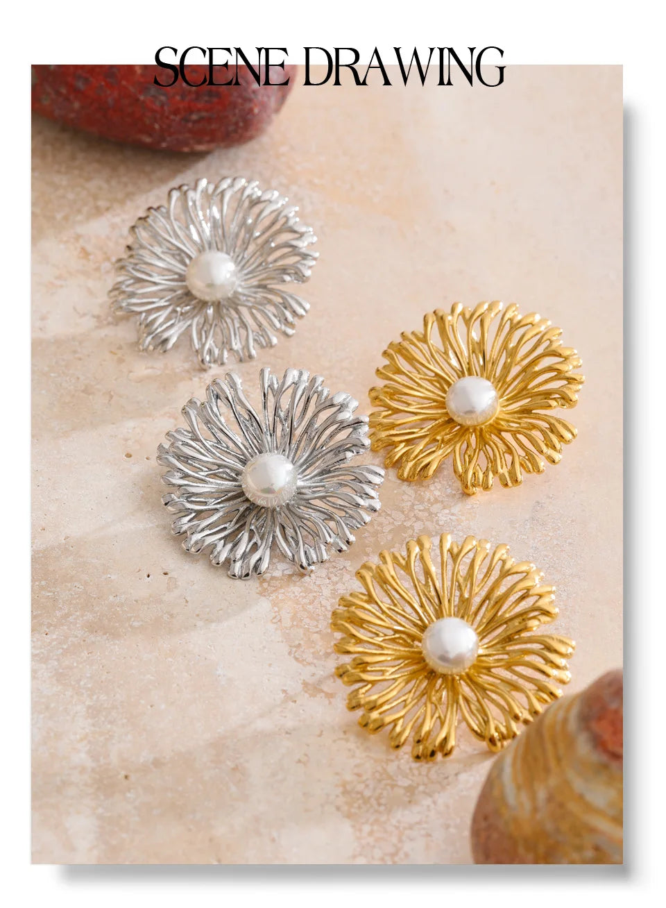 Pearl flower earrings in gold-plated stainless steel with pearl.
