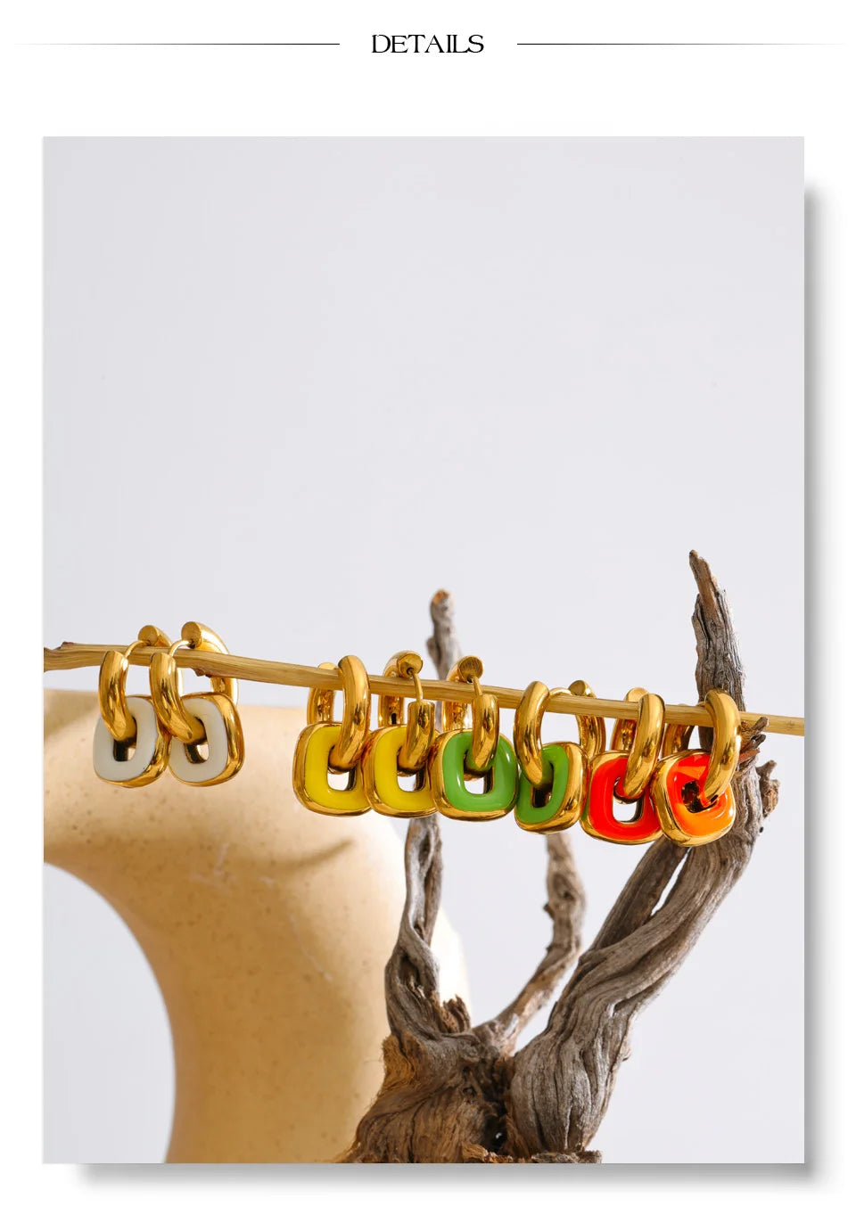 Enamel multi-color geometric earrings in gold-plated stainless steel with enamel.