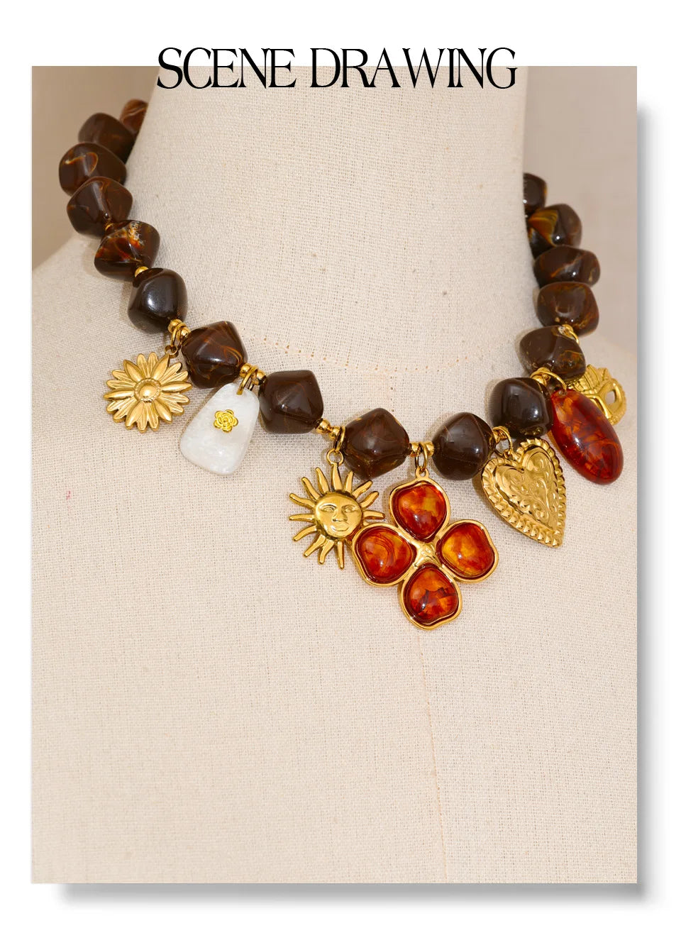 Resin acrylic heart necklace in gold-plated stainless steel with resin and acrylic.