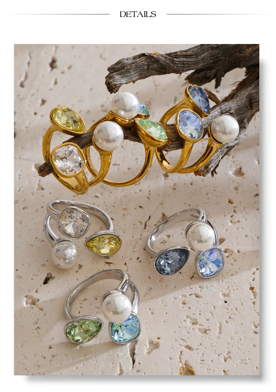 Pearl crystal geometric ring in 18K gold-plated stainless steel with pearl and crystal.
