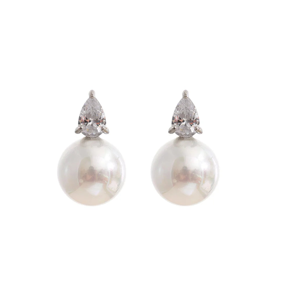 Cubic Zirconia Pearl Geometric Earrings — Gold-Plated Stainless Steel with Pearl and Cubic Zirconia · PS2093